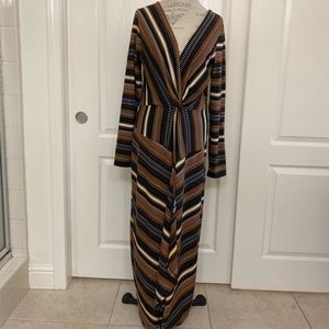 V-neck brown, tan, and black striped dress